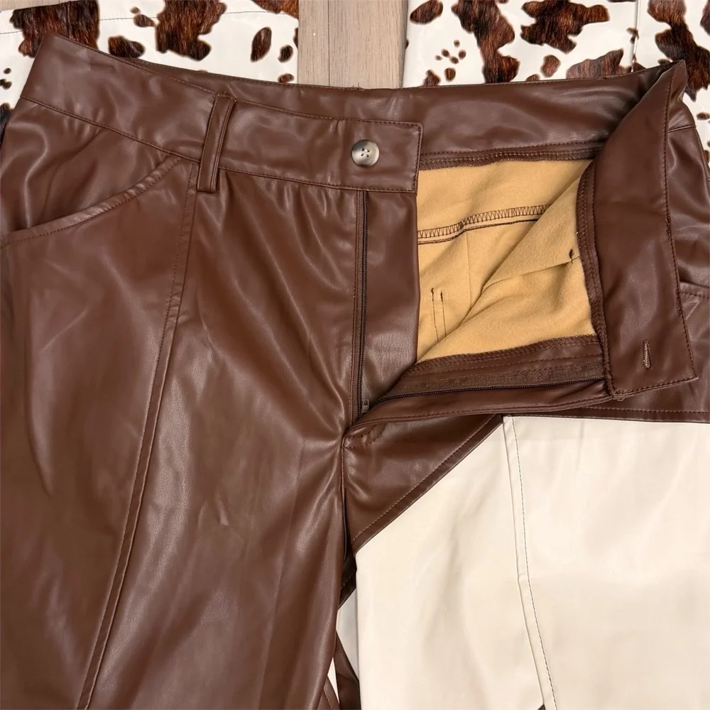 Ursime Western Cow Pattern PU Leather High Waist‎ Bell Bottom Pants - Size XL